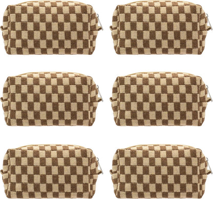 PAZIMIIK Checkered Makeup Bag for Purse Portable Zipper Make Up Pouch Small Cosmetic Case for Travel Accessories (6PCS Coffee)