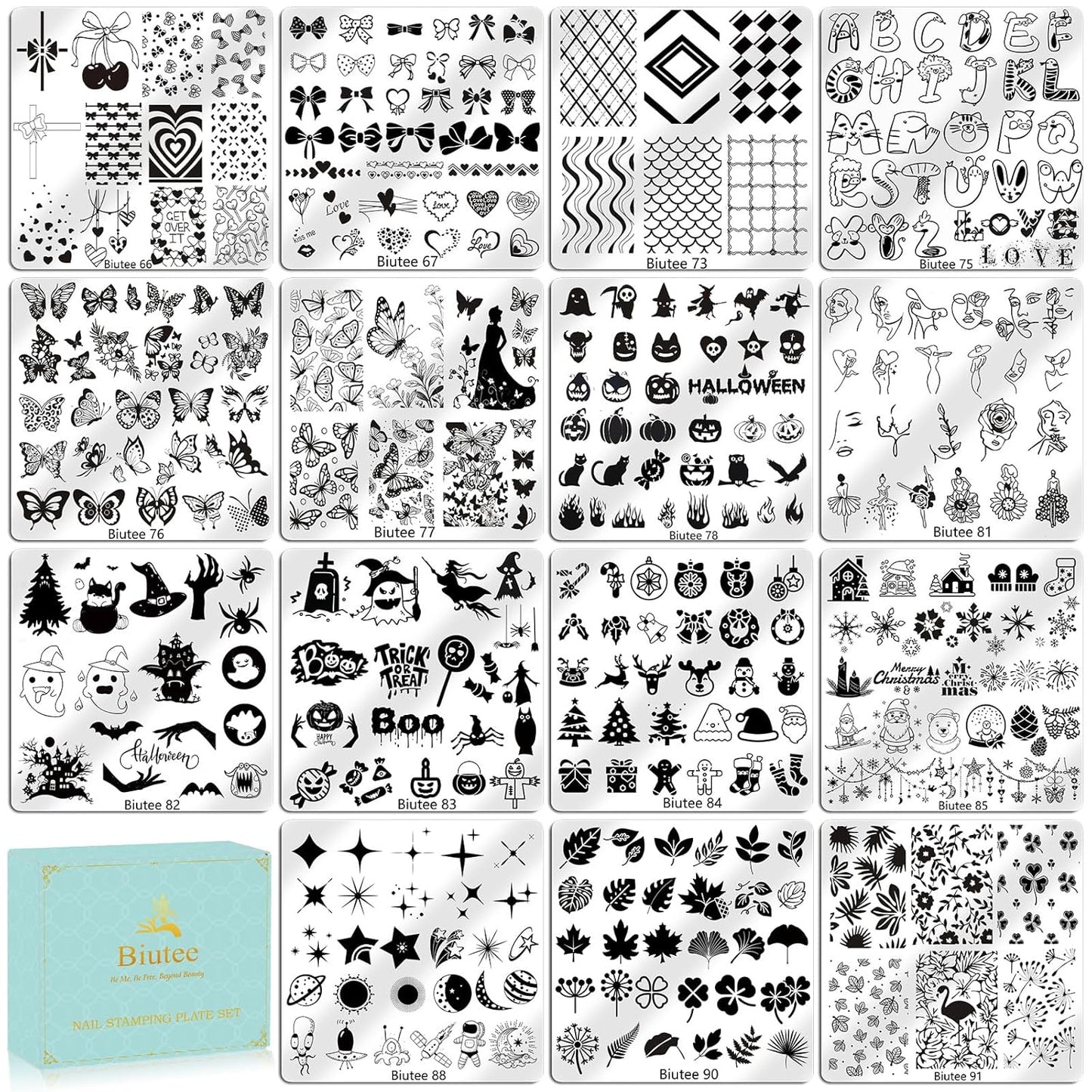 Biutee Nail Stamping Plate 15PCS Nail Stamper Kit Nail Art Stamping Plates Set with Nail Stamper, Scraper & Storage Bag, Nail Stamping Kit Star Bowknot Love Butterfly Leaf Halloween Design Template