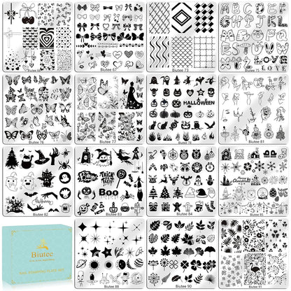 Biutee Nail Stamping Plate 15PCS Nail Stamper Kit Nail Art Stamping Plates Set with Nail Stamper, Scraper & Storage Bag, Nail Stamping Kit Star Bowknot Love Butterfly Leaf Halloween Design Template