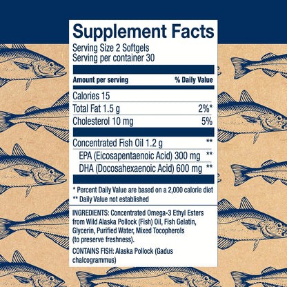 Wiley's Finest Wild Alaskan Fish Oil Peak DHA - 900mg EPA and DHA Omega-3s - 60 Softgels (30 Servings)