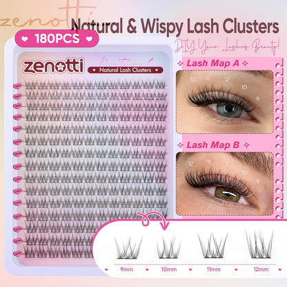Natural Lash Clusters Wispy Cluster Eyelash Extensions DIY Individual Lashes C Curly 9-12mm Eyelash Clusters 180PCS Lash Extensions with Thin Lash Band by zenotti