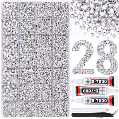 30000Pcs Resin Rhinestones for Bedazzling with 3Pcs B7000 Jewelry Glue, Clear Flatback Gems Rhinestones for Crafting, Clothing Tumblers Mugs Shoes Fabric Decor Nail Art