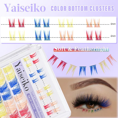 Colored Lash Clusters with Bottom Lashes D Curl 10-18mm Mixed 4 Colors Rainbow DIY Eyelash Extension Colorful Cluster Lashes Pack for Festival Christmas New Year and Cosplay by Yaiseiko