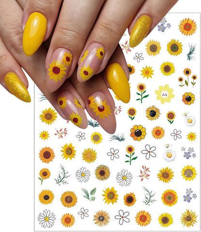 6 Sheets Spring Daisy Nail Art Stickers Sunflower Decals Yellow Daisy Design with Small Daisies White Floral Flowers Sunflowers Leaf for Women Manicure Decorations