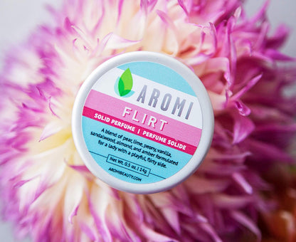 Aromi Flirt Solid Perfume | Floral, Woodsy Fragrance, Vegan, Cruelty-free, Almond, Peony, Vanilla Scent, Wax-Based, Women's Gift, Travel, Handmade (Flirt)