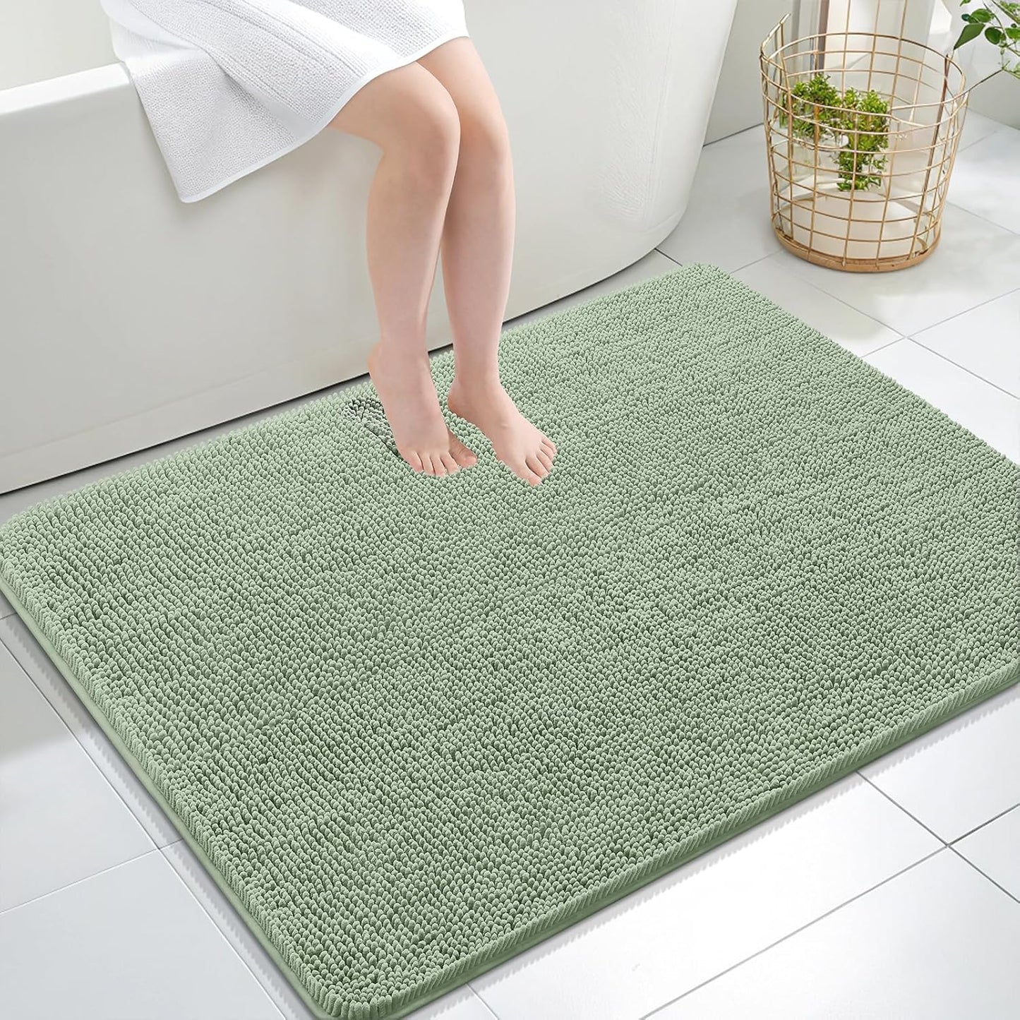 OLANLY Bathroom Rugs 40x32, Extra Soft Absorbent Chenille Bath Rugs, Rubber Backing Quick Dry, Machine Washable Bath Mats for Bathroom Floor, Tub and Shower, Home Decor Accessories, Sage Green