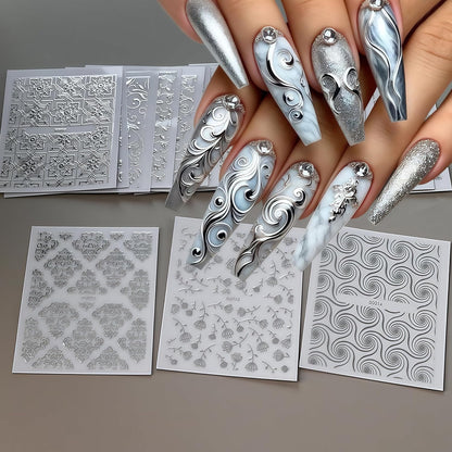 30 Sheets Silver Lace Nail Art Stickers 3D Self-Adhesive Silver Hollow Retro Floral Vine Design Decals for Women Spring Summer Manicure Slider Decorations
