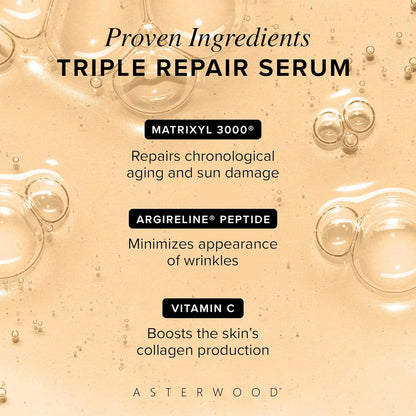 Asterwood Triple Repair Matrixyl 3000 + Argireline + Hyaluronic Acid + Vitamin C Serum for Face - Anti-Aging, Collagen Boosting, Hydrating - Fragrance-Free - 8 Fl Oz