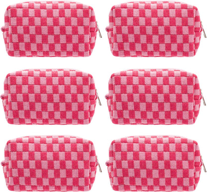 PAZIMIIK Checkered Makeup Bag for Purse Portable Zipper Make Up Pouch Small Cosmetic Case for Travel Accessories (6PCS Hotpink)