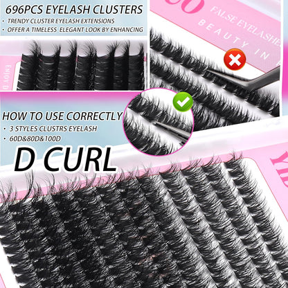 D Curl Volume Fake Eyelashes Lashes Cluster Kit Wispy Faux Mink Lashes 696Pcs Bulk Packs, DIY Individual Eyelash Extensions Wholesale Combo Pack with Glue|Tweezers|Removers