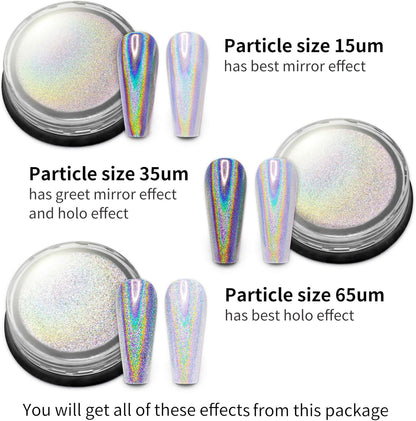 Artdone 3jars Holographic Chrome Nail Powder 1Gram Each, Unicorn Holo Rainbow Mirror Effect 20um 35um 65um Nail Pigment kit For Gel Polish Nail Art crome Set