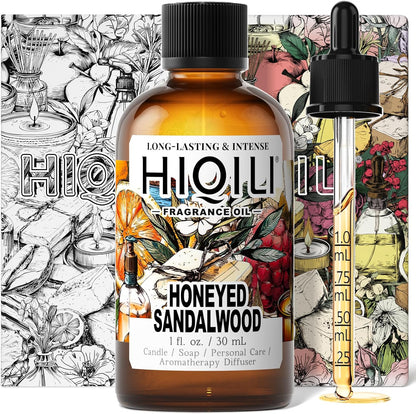 HIQILI Honeyed Sandalwood Fragrance Oil for Diffuser, Candle & Soap Making, Add to Dryer Balls, Lotion, Hotel Luxury Scents - 1 Fl Oz