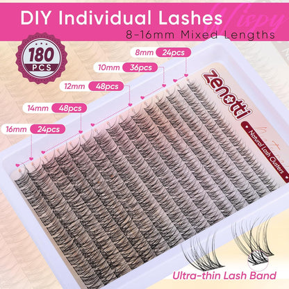Lash Clusters Natural Look Cluster Eyelash Extensions Wispy Lashes Extensions 8-16mm DIY Individual Lashes 180PCS Thin Band Eyelashes Cluster by zenotti
