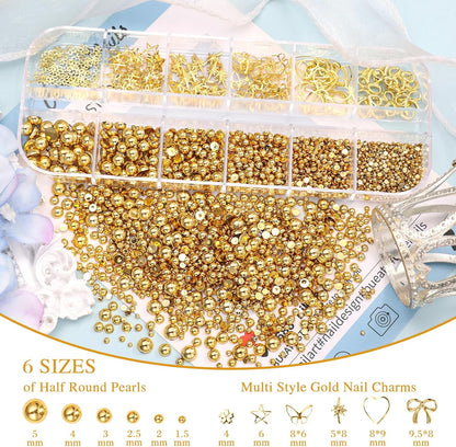 Cross Star Gold Nail Charms, 3D Cross Star Nail Charm Flower Bow Alloy Nail Art Charm, Gold Half Pearls Beads Gems for Nails Art Y2K Supplies