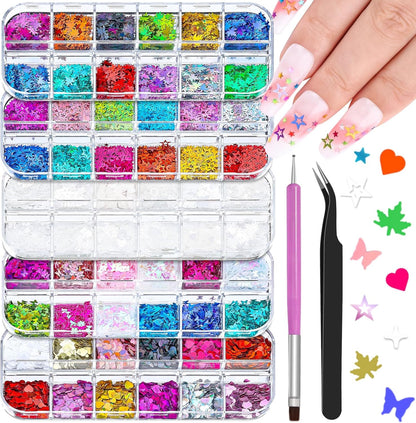 5 Boxes 60 Colors Holographic Nail Art Sequins Kit, Iridescent Sparkle Laser Hollow 3D Star Butterfly Heart Round Mixed-shapes Nail Glitter Flakes for Manicure Body Makeup Craft DIY (1-colorful-kit1)