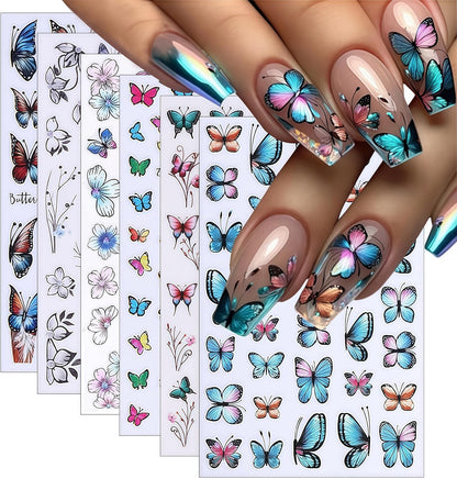 8 Sheets Butterfly Nail Stickers 3D Self-Adhesive Colorful Butterflies Decals Spring Summer Blue Butterfly Flower Designs Supplies for Women Girls DIY Manicure Decorations