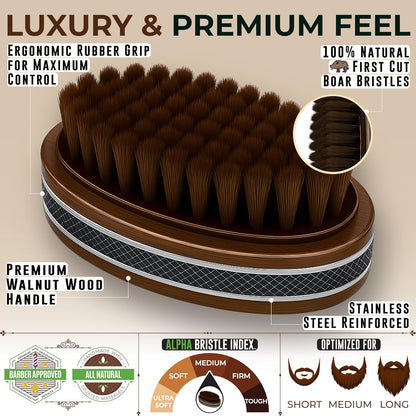 Premium Handmade 4.5" Boar Bristle Beard Brush for Men – Natural Walnut Wood & Non-Slip Rubber Grip – Men’s Grooming Brush for Short, Medium & Long Beards – Mustache & Beard Care Tool – Alpha Organics