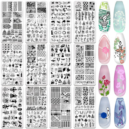 Biutee Nail Stamping Plate Set 12Pcs Nail Art Stamping Plates Nail Stamping Kit Nail Stamper Kit Flower Leaves Animal Lace Star Halloween Christmas Design Nail Stamp Plate