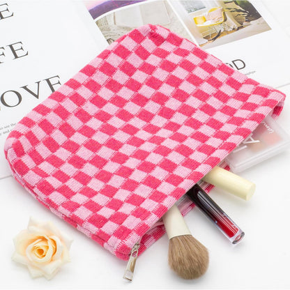 PAZIMIIK Knit Checkered Makeup Bag Large Zipper Make Up Accessory Pouch for Purse Cosmetic Brush Bag for Travel Essential,Hotpink