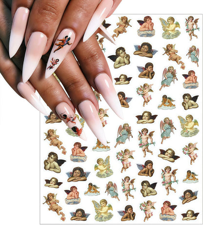 8 Sheets Angel Nail Art Stickers 3D Self-Adhesive Cupid Angel Rose Flowers Wings Heart Design Stickers Decals Valentine's for Women Acrylic DIY Manicure Salon Decoration Kits