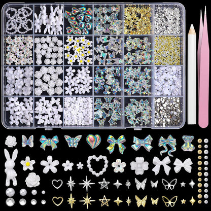 3D Nail Charms and Gems, Mix Flower Bow Heart Colorful Acrylic Nail Art Charms, Mix Nail Pearl Rhinestones and Caviar Beads for Nails, Cute Hollow Pearls Jewelry for Art Design DIY Crafts