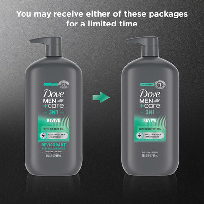 DOVE MEN + CARE Body and Face Wash Invigorating Revive 3N1 with Tea Tree Oil, with 24-Hour Nourishing Micromoisture Technology, 30 oz