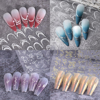 8 Sheets French Line Nail Art Stickers 3D Self-Adhesive Exquisite Gold and Silver White Metallic Designs Nail Decals Irregular French Line Nail Supplies for Women and Girls DIY Nail Art Decoration
