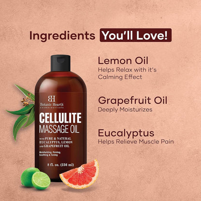 Botanic Hearth Anti Cellulite Massage Oil | Cellulite Oil for Thighs and Butt Firming | Unique Blend of Massage Essential Oils | Improves Skin Tone, Skin Firmness & Tightness | 8 Fl Oz