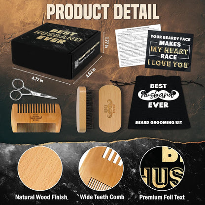 Gifts for Husband - Beard Kit for Men Grooming and Care with Brush, Comb, Scissors & Storage Bag - Husband Birthday Gift Ideas, Fathers Day Birthday Gifts for Men, Beard Growth Kit