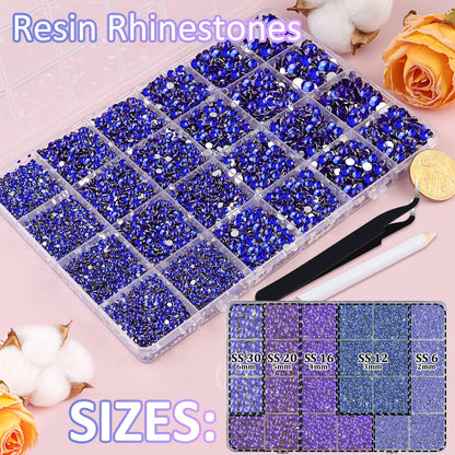 30000Pcs Resin Rhinestones with Tweezers for Crafting, Royal Blue Flatback Gems, Bedazzling Crystal with 3Pcs 10ml B7000 Jewelry Glue for DIY Crafts Clothing Tumblers Shoes Fabric Nail Art