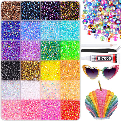 24000Pcs Resin Rhinestones for Bedazzling with B7000 Jewelry Glue, Colorful 3mm Non Hotfix Flatback Gems, Rhinestones for Crafting DIY Crafts Clothing Tumblers Mugs Shoes Fabric Decor Nail Art
