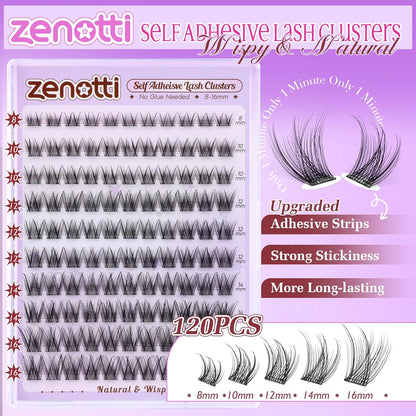 Self Adhesive Eyelash Clusters Natural Self Adhesive Lashes Cluster No Glue Eyelashes Press on Lashes Pre Glued Wispy Cluster Eyelash Extensions 8-16mm 120Pcs by zenotti