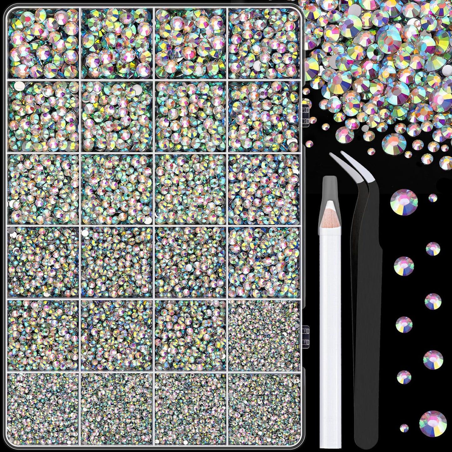 25000Pcs Resin Rhinestones with Tweezers for Crafting, AB 2-6mm Mixed Sizes Non Hotfix Flatback Gems, Bedazzling Crystal for DIY Craft Clothing Mugs Tumblers Shoes Fabric Decor Nail Art