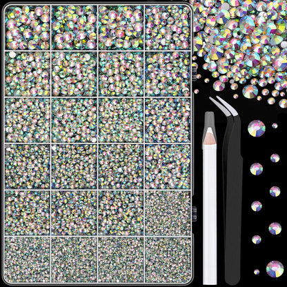 25000Pcs Resin Rhinestones with Tweezers for Crafting, AB 2-6mm Mixed Sizes Non Hotfix Flatback Gems, Bedazzling Crystal for DIY Craft Clothing Mugs Tumblers Shoes Fabric Decor Nail Art