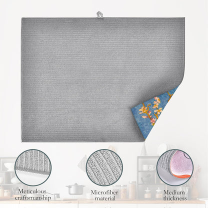 Almond Blossom Tree Dish Drying Mat for Kitchen Counter Decor,Flower Dish Drying Rack Pad Absorbent Reversible Microfiber for Coffee Tableware Sink Countertop 18x24 Inch