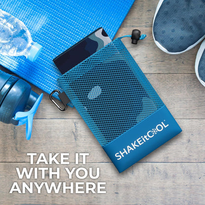SHAKEitCOOL Extended Size Cooling Towel – Be Cool in Style - Heat Relief, Soft, Lightweight, Sun Protection, Easy Clean - Perfect for Biking, Hiking, Running, Yoga, Golf, Gardening - Blue Ocean M