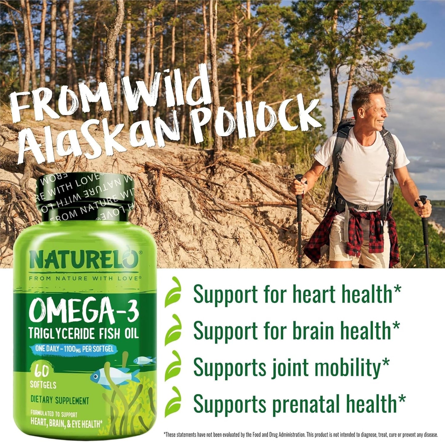 NATURELO Burpless Omega 3 Fish Oil Supplement - 1100mg Triglyceride Omega-3, EPA + DHA, Liquid Fish Oil for Heart, Eye, Brain, Joint Health - 60 Softgels, 2 Months Supply