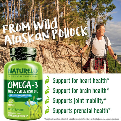NATURELO Burpless Omega 3 Fish Oil Supplement - 1100mg Triglyceride Omega-3, EPA + DHA, Liquid Fish Oil for Heart, Eye, Brain, Joint Health - 60 Softgels, 2 Months Supply