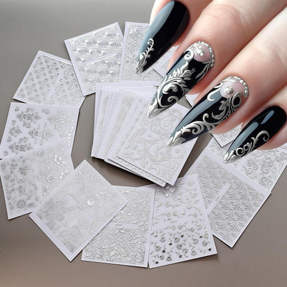 30 Sheets Silver Lace Nail Art Stickers 3D Self-Adhesive Silver Hollow Retro Floral Vine Design Decals for Women Spring Summer Manicure Slider Decorations
