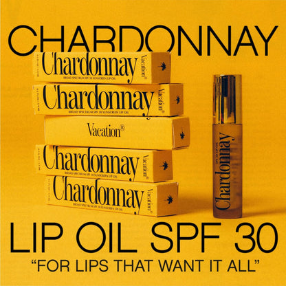 Vacation Chardonnay Lip Oil SPF 30, Sunscreen for Lips, Hydrating Lip Oil, Caramel Vanilla Flavored Lip Gloss, Clear Plumper, Non-Sticky Lip Balm with SPF 30, Vegan, 0.2 Fl. Oz.