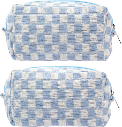 PAZIMIIK Checkered Makeup Bag for Purse Portable Zipper Make Up Pouch Small Cosmetic Case for Travel Accessories (2PCS Blue)