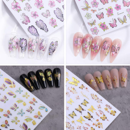 8 Sheets Gold Edge Butterfly Nail Stickers 3D Self Adhesive Holographic Colorful Butterfly Cherry Blossoms Decals Spring Glitter Gold Flower Design Supplies for Women Girls Manicure Decoration