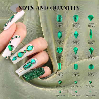 2680Pcs Emerald Green Glass Nail Rhinestones 120Pcs Multi Shapes Flatback Nail Gems + 2560Pcs 1.5-4mm Round Crystal, Manicure Nail Charms Diamond Gemstone for Acrylic Nails Decoration