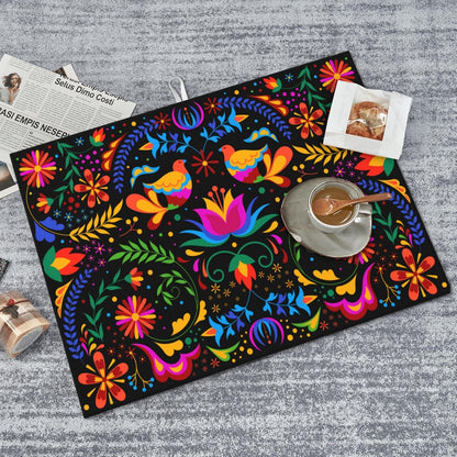 Mexican Flower Microfiber Dish Drying Mat for Kitchen Counter Mexican Dishes Pad Black Dish Drainer Rack Mats 18"x24" Absorbent Washable Reusable