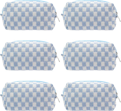 PAZIMIIK Checkered Makeup Bag for Purse Portable Zipper Make Up Pouch Small Cosmetic Case for Travel Accessories (6PCS Blue)