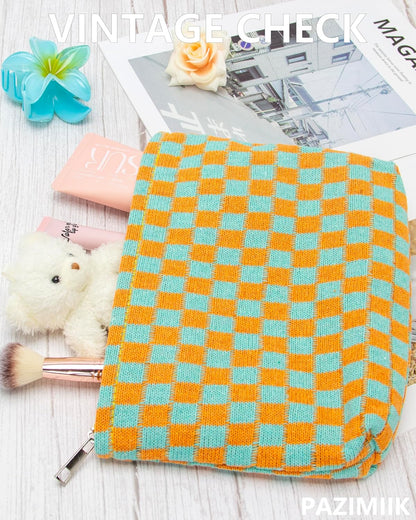 PAZIMIIK Knitted Checkered Makeup Bag Large Zipper Make Up Accessory Pouch for Purse Cosmetic Brush Bag for Travel Essential Orange Green