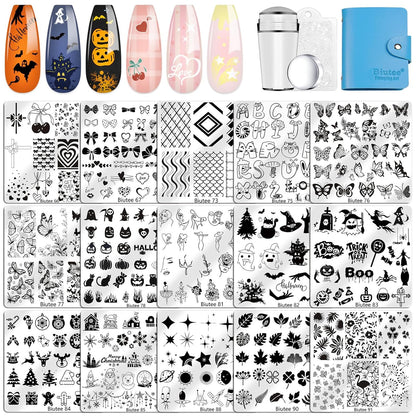 Biutee Nail Stamping Plate 15PCS Nail Stamper Kit Nail Art Stamping Plates Set with Nail Stamper, Scraper & Storage Bag, Nail Stamping Kit Star Bowknot Love Butterfly Leaf Halloween Design Template