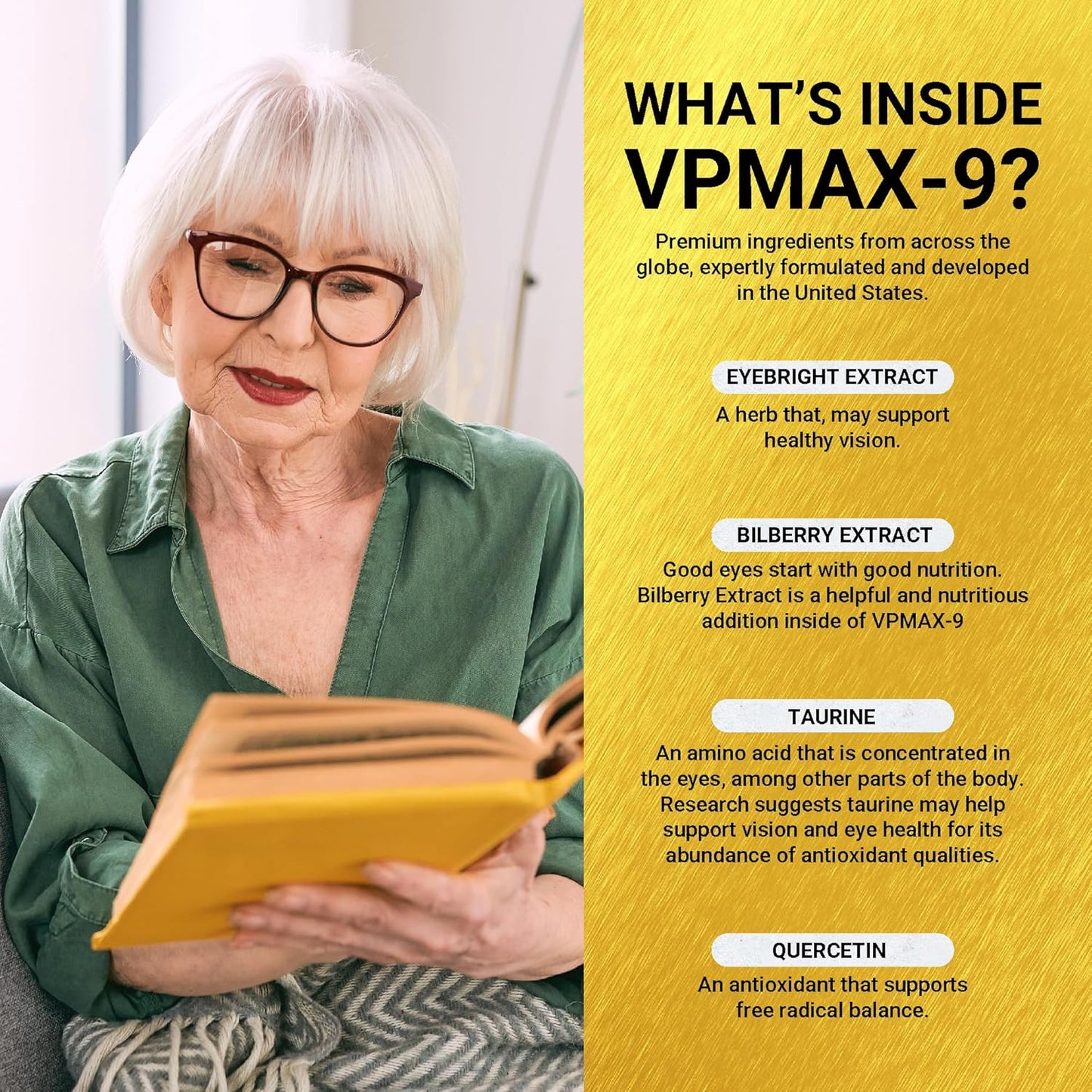 Golden After 50 VpMax-9 - Sight Care and Antioxidant Supplement with Eye Vitamins, Lutein, Lycopene and Bilberry Extract - 6 Bottles