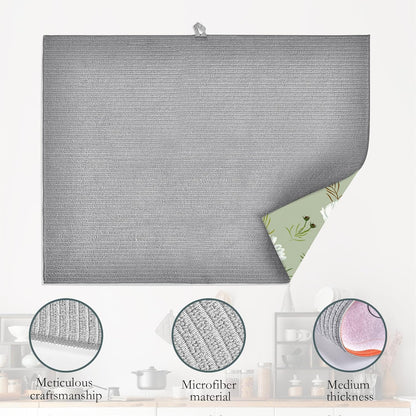 White Daisy Flowers Dish Drying Rack Mat for Kitchen Counter, Dish Drying Pad Absorbent Reversible Microfiber Protector for Coffee Bar Sink Countertops 18x24 Inch