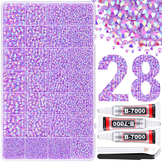 30000Pcs Resin Rhinestones for Bedazzling with 3Pcs B7000 Jewelry Glue, Lavender Purple AB Flatback Gems Rhinestones for Crafting, Clothing Tumblers Mugs Shoes Fabric Decor Nail Art